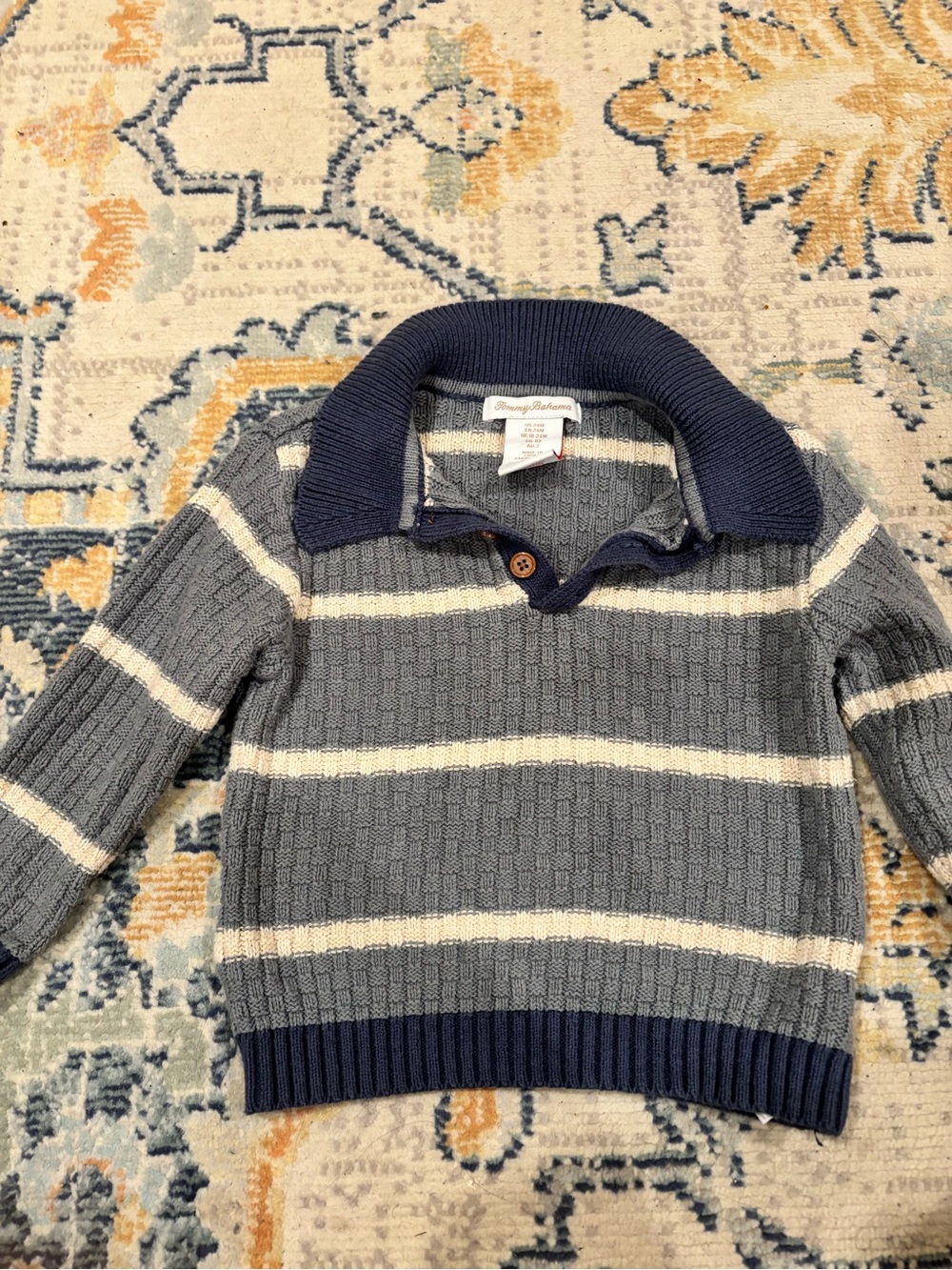Tommy Bahama Boys' Navy, Gray & Cream Striped V-Neck Sweater